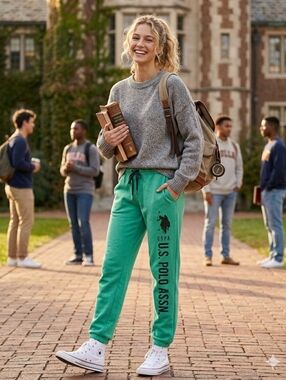 US Polo Assn Sz L Green Pony Logo Joggers Drawstring Sweatpants